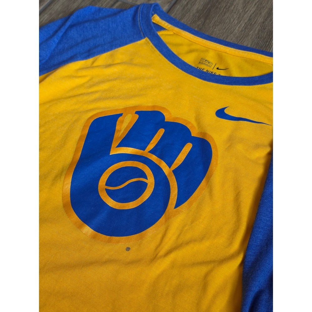 Nike Milwaukee Brewers MLB Womens Large Yellow Blue Raglan 3/4 Sleeve Tee Shirt